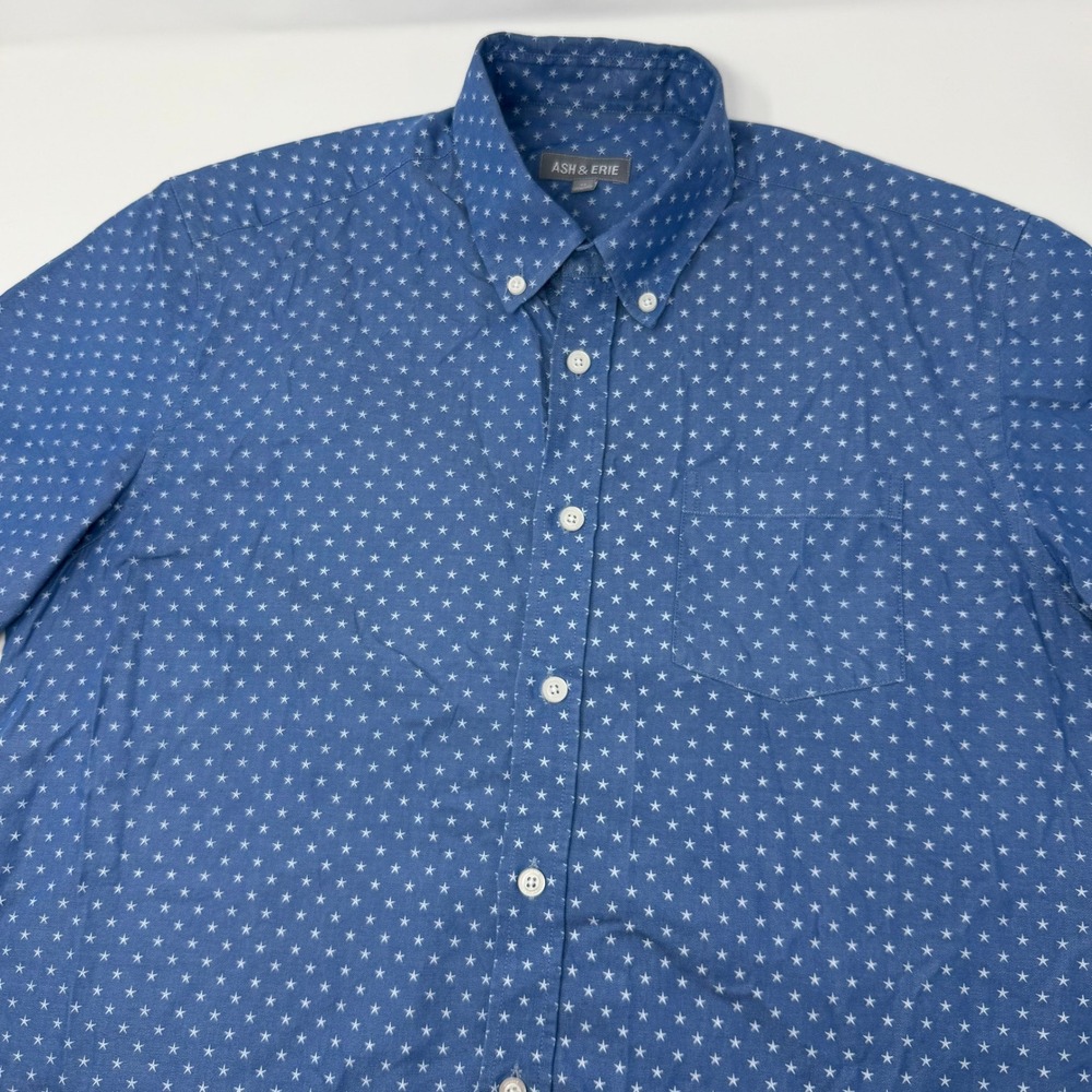 Ash & Erie Mens Blue White Star Print Short Sleeve Button Down Shirt Size M